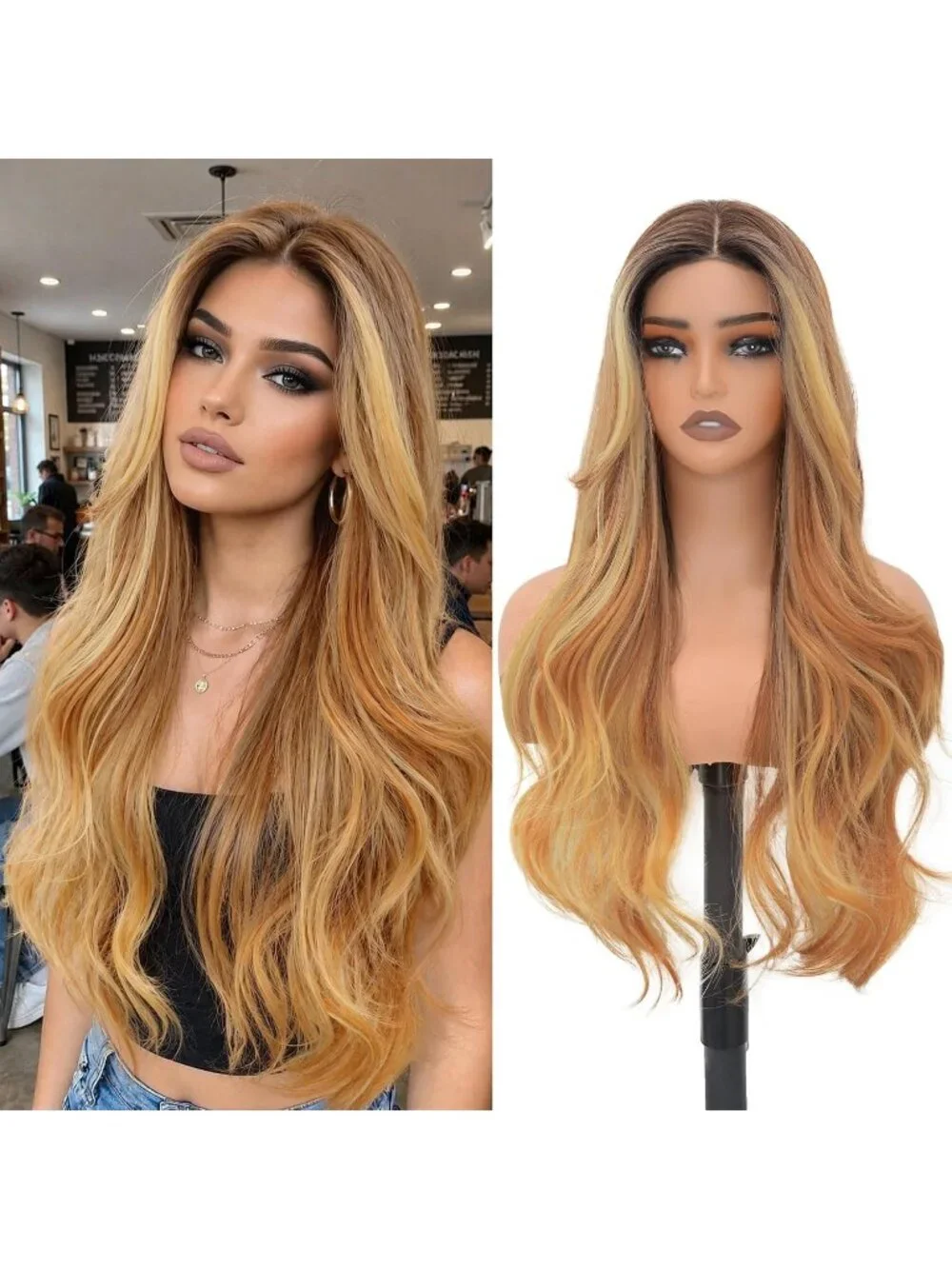 Women's 26 Inch Balayage Honey Long Wavy Synthetic Glue Less 4x4 Lace Front Wig